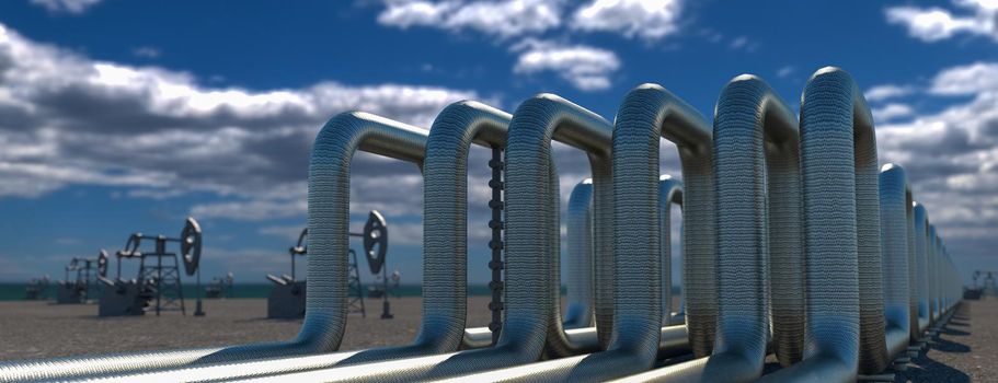 steel long pipes in crude oil factory. 3d illustration