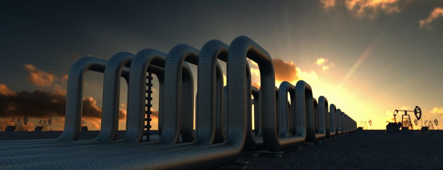 steel long pipes in crude oil factory during sunset. 3d rendering