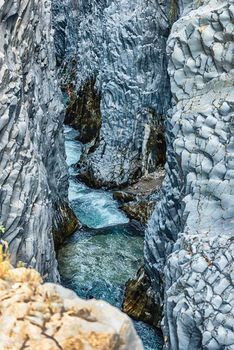 The impressive natural system of gorges and ravines eroded over the last millennia by the river Alcantara through the crystallized lava flown from Mount Etna. Located near Taormina, Sicily, Italy