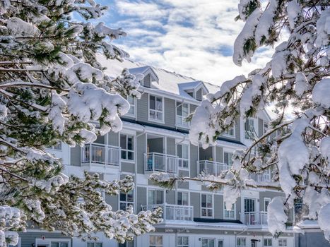 A perfect neighborhood. Winter scenery with low-rise residential building in Vancouver, Canada