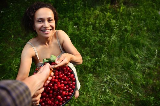 Cherry picking in the orchard of a country house. A man on a stepladder serves a bucket of cherries to a charming smiling African woman in a linen dress