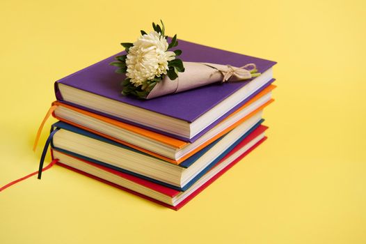 Beautiful bouquet of autumn asters flowers in craft wrapping paper tied in rope lying on stacked multicolored books. Teacher's Day concept, knowledge, literary, education. Yellow background copy space