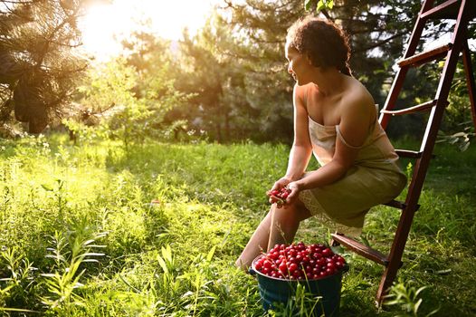 Portrait of an attractive woman in a linen dress sitting on a stepladder next to a bucket of cherries in the garden of a country house at sunset. Beautiful sun rays fall into the garden on a summer day