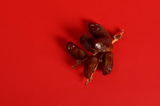 Flat lay composition with a branch of fresh tasty sweet dates for breakfast after interruption and fasting in Ramadan