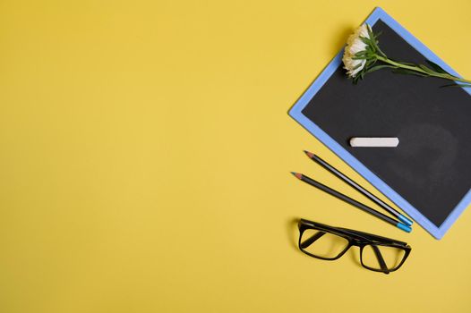 Flat lay. Autumn aster flower on a clean chalkboard with copy space , eyeglasses and two pencils, isolated on yellow background with space for text