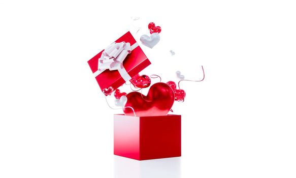 Surprise gift box with red hearts open gift box isolated valentines day design 3D rendering.