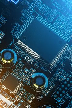 Electronic circuit board close up. Processor, chips and capacitors. Inside computers