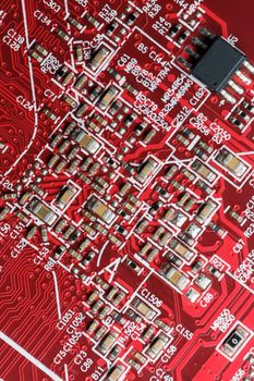 Electronic circuit board close up. Processor, chips and capacitors. Inside computers