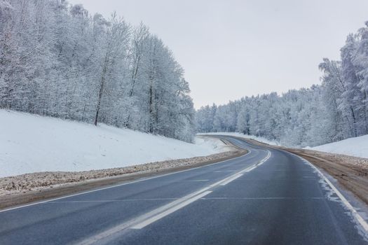 empty winter road among frosted forest at daylight with no cars on it
