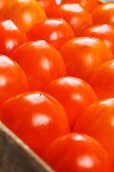 Fresh ripe persimmons in market. Persimmons background. Repeating rows of juicy, ripe persimmon in a box. Close-up, macro