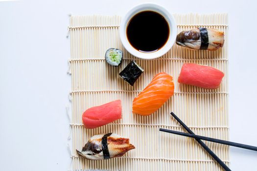 Japanishe food Nigiri sushi set, salmon, tuna and shrimp sushi, high angle view