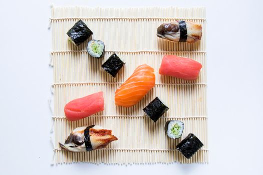 Japanishe food Nigiri sushi set, salmon, tuna and shrimp sushi, high angle view