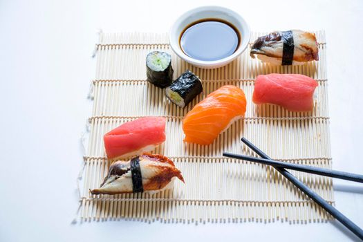 Japanishe food Nigiri sushi set, salmon, tuna and shrimp sushi, high angle view