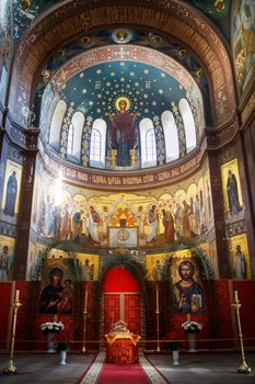 New Athos, Abkhazia Georgia Beautiful interior and dark painted frescoes of Novy Afon orthodox monastery, Abkhazia. The architectural elements of the church