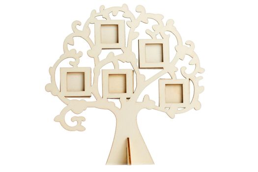 Wooden frame of the family tree on a white background. Small frames on the tree for the whole family.