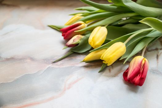 Beautiful tulips for Mother's Day on marble background, top view