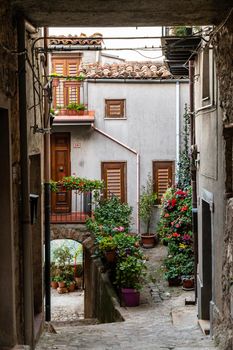 View of rural houses and narrow streets in the medieval village Geraci Siculo, Madonie mountains, Sicily, Italy.