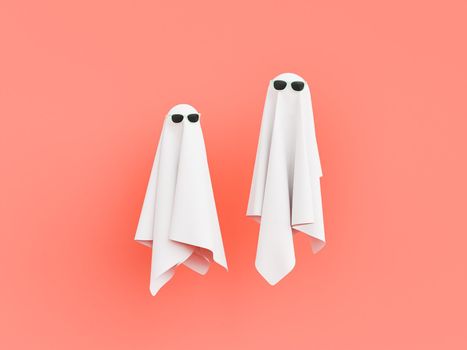 two cloth ghosts with sunglasses on red pastel background. minimal halloween concept. 3d rendering