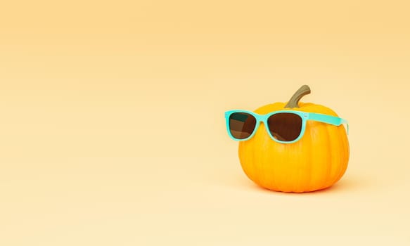 pumpkin with turquoise sunglasses on minimalist beige background with space for text. autumn concept. 3d rendering