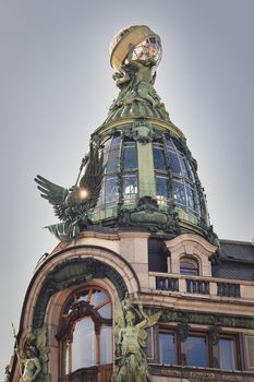 View of architectural details of the famous Singer House Building in St. Petersburg. House of Books city landmark