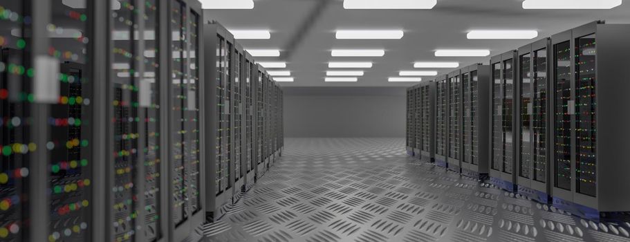 Server. Server racks in server room cloud data center. Datacenter hardware cluster. Backup, hosting, mainframe, mining, farm and computer rack with storage information. 3d illustration