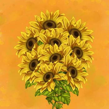 A bouquet of sunflowers on a colored background. digital illustration. For graphic works and design