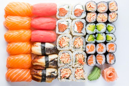 Japanishe food Nigiri sushi set, salmon, tuna and shrimp sushi, high angle view