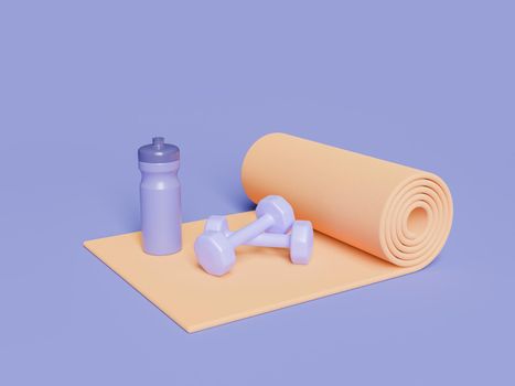 mat with dumbbells and sport bottle on top. color of the year 2022 very peri. concept of sport, exercise, healthy living and getting fit. 3d rendering