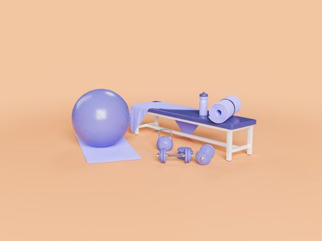 gym accessories in very peri color on minimal background. concept of sport, exercise, healthy life and fitness. 3d rendering