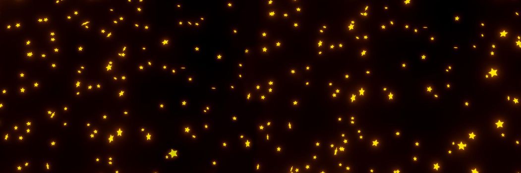 3D Render of many small yellow orange particles flying on black festive background. Trendy backdrop for your design. Banner, three-dimensional illustration