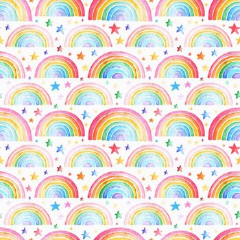 Pattern with colored watercolor rainbows and stars. Watercolor seamless print. Children's illustration. Print for textiles, wallpapers, websites and social networks.