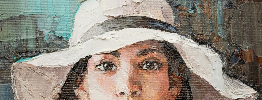 A girl in a white hat with a cup of coffee sits in a cafe. Fragment of oil painting on canvas..
