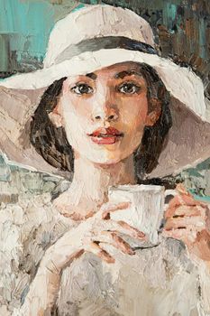 A girl in a white hat with a cup of coffee sits in a cafe. Oil painting on canvas..