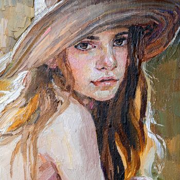 .A woman in a straw hat sits in the sunset. Girl in nature. Oil painting on canvas.