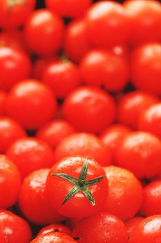 Lots of fresh ripe tomatoes with drops of dew. Close-up background with texture of red hearts with green tails. Fresh cherry tomatoes with green leaves. Background red tomatoes. Group of juicy ripe fruit. Vertical frame close-up