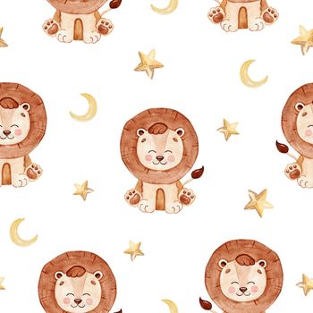 watercolor brown baby lion and stars seamless pattern on white background for fabric,textile,branding,invitations,scrapbooking,wrapping