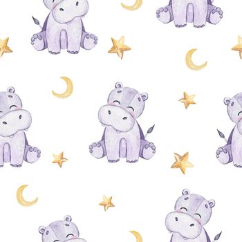 watercolor cute hippo and stars seamless pattern on white background for fabric,baby textile,pajamas,branding,invitations,scrapbooking,wrapping