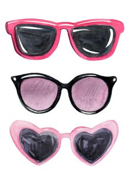 watercolor pink sunglasses set isolated on white background. Summer collection. Heart shaped glasses