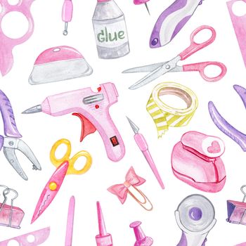 watercolor pink craft tools seamless pattern on white background. For fabric, wrapping, scrapbooking, wallpaper