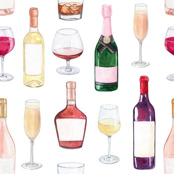 watercolor alcohol bottles and glasses seamless pattern on white background. Wine and champagne bottles hand drawn print for fabric, wrapping, wallpaper