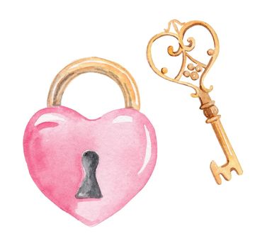 watercolor pink heart shaped padlock and golden key isolated on white background for valentines day or wedding