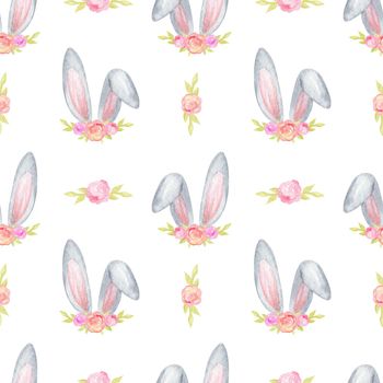 watercolor bunny ears ester seamless pattern on white background. Gray rabbit with flowers print