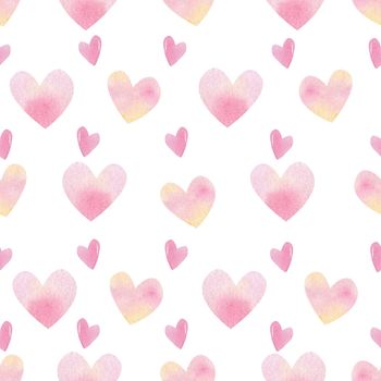 cute pink heart seamless pattern on white background. watercolor texture for valentines day