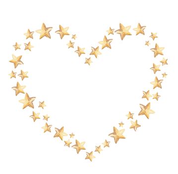 Heart frame of gold stars isolated on white background. Watercolor yellow stars border. Valentines day card