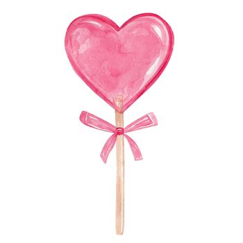 watercolor pink heart shaped lollipop on a stick with pink bow isolated on white background. Valentines day sweet candy dessert