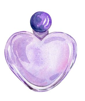 watercolor hand drawn purple heart shaped perfume glass bottle isolated on white background for logo design, branding, fashion industry, perfumery