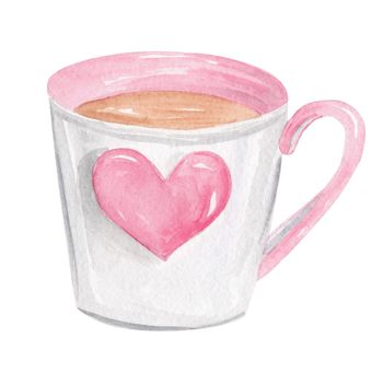 watercolor white tea cup with pink heart isolated on white background. Valentines day gift, ceramic love coffee mug