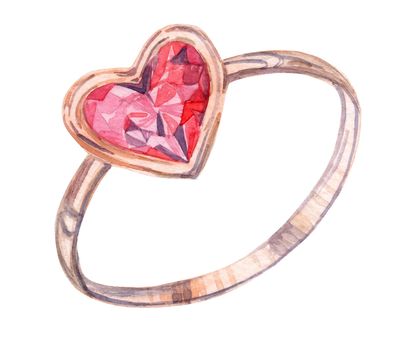 watercolor hand drawn golden ring with red heart stone isolated on white background