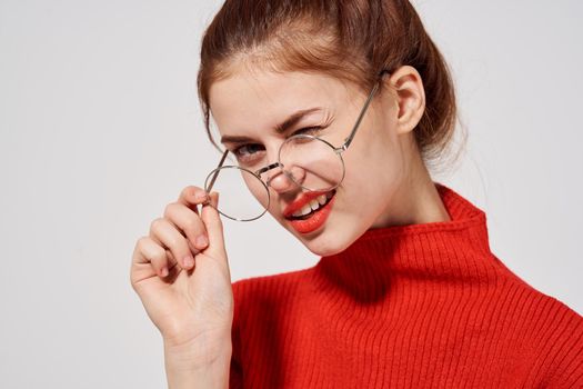 pretty woman with glasses posing Studio fun model. High quality photo