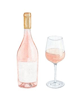 watercolor rose wine bottle and glass set isolated on white background. Hand drawn drink illustration for bar menu design, restaurant decoration, poster